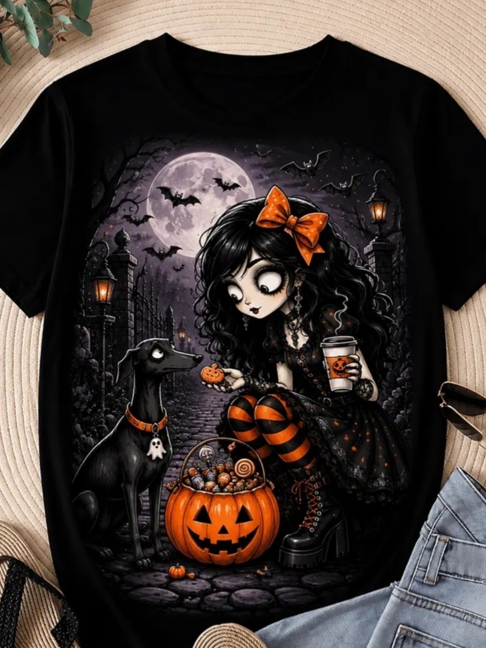 Halloween Pumpkin Girl And Dog Graphic Tee - Black
